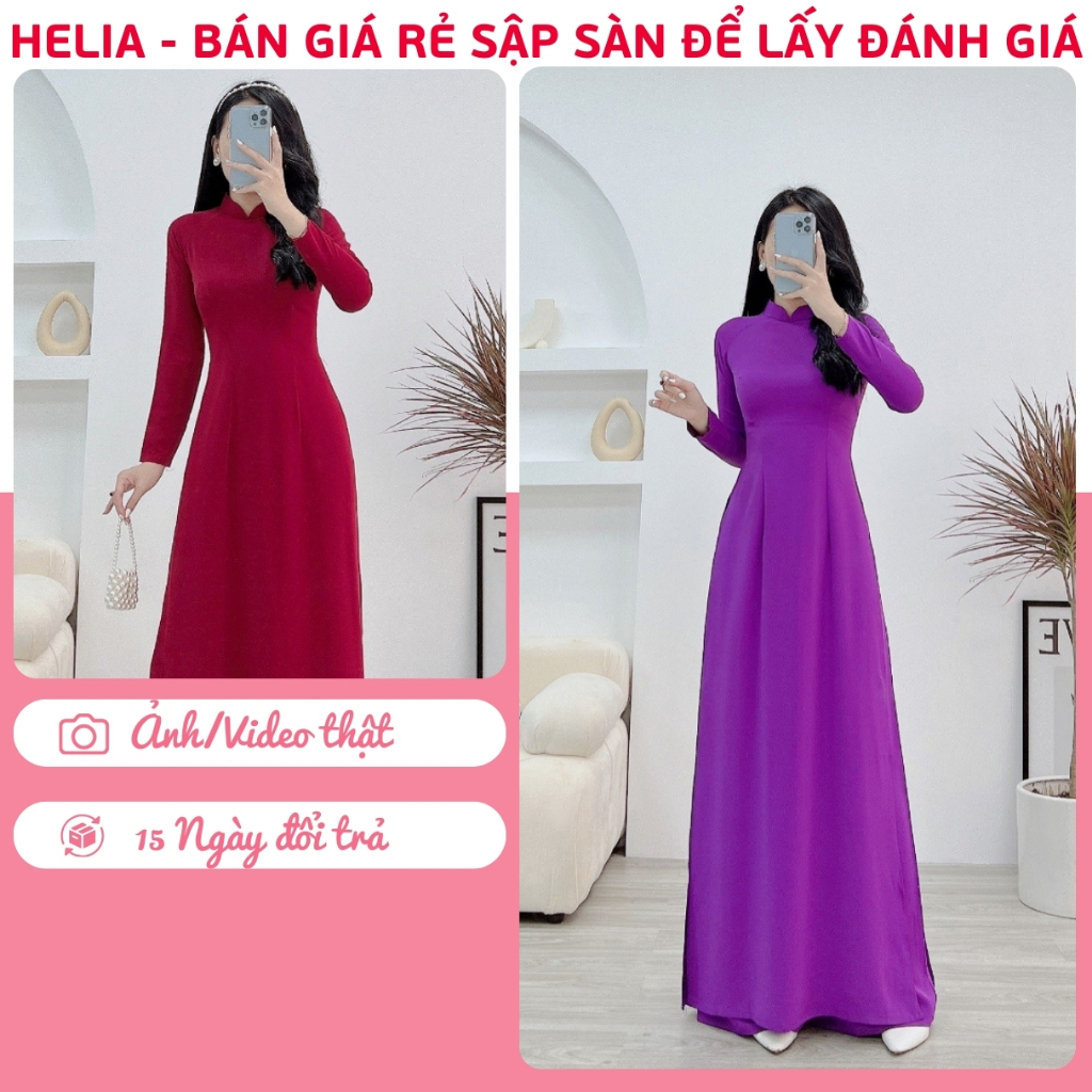 แบบดั้งเดิม 2 แผง ao dai - พร้อมใส่ ao dai เนื้อผ้าไหมอเมริกันคุณภาพสูง 2 ซม. คอวีและแขนยาว Helia AD