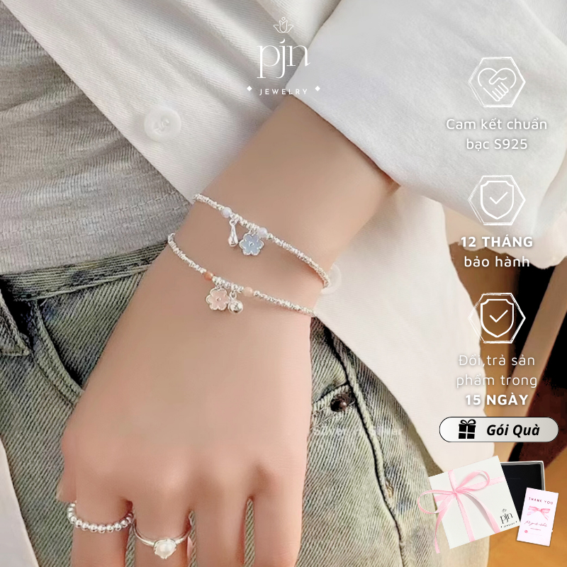 PJN สร้อยข้อมือผู้หญิงเงินแท้ 925 พร้อมลูกปัดดอกไม้น่ารัก 2 สีเหมาะสําหรับแฟชั่นสไตล์ทั้งหมด VT04