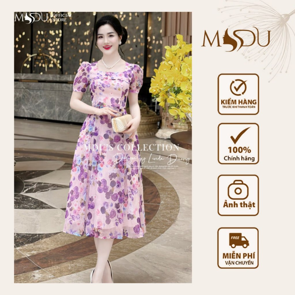 Lady Dress MDU4307 ทรงขาบานอ่อนโยน คอเหลี่ยมละเอียดอ่อน ผสมสีสะดุดตาจาก MDU K36-D3-3