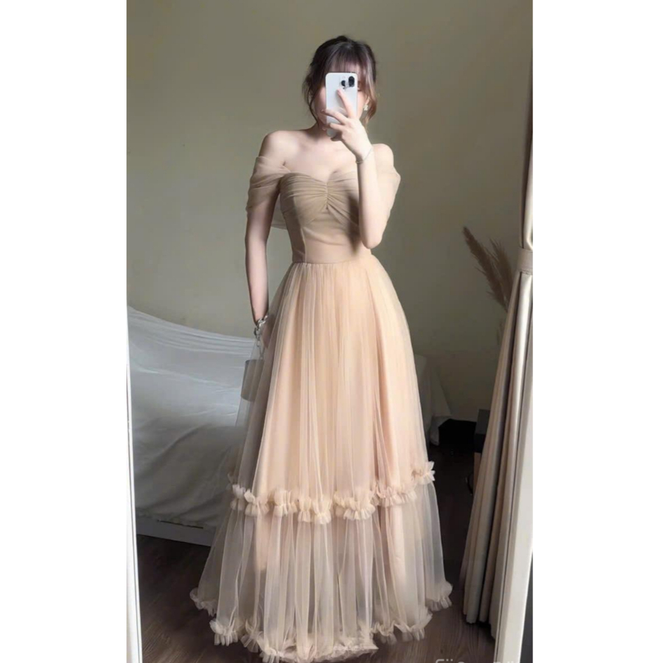 Off-the-Shoulder Party Dress เอวบาง Flared สองชั้นคุณภาพสูงการออกแบบชีฟองดึงดูดดวงตาทั้งหมด