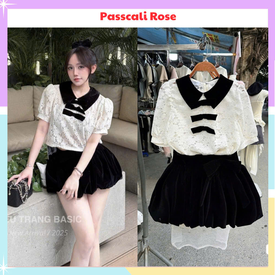 ผู้หญิง ชุด รวมเสื้อลูกไม้แขนสั้นคอปก crt โบว์หน้าอกตรีก และกระโปรงกํามะหยี่ให้แบนหุ่น