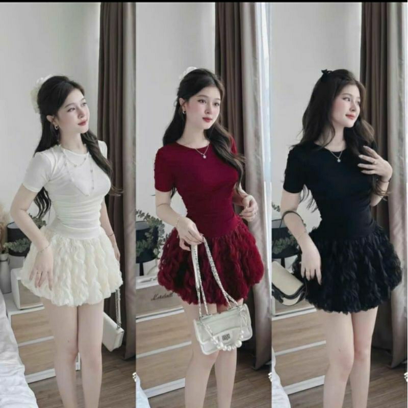 ชุดบานตาข่ายแขนสั้นชุดเดรสปาร์ตี้คอกลมผู้หญิงพร้อมกางเกงหลวม ล008