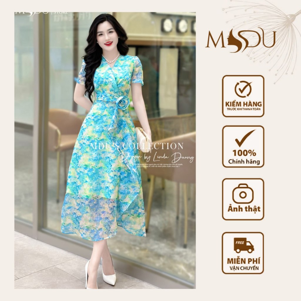 MDU4178 เดรสผ้าไหมเงาลายดอกไม้สะดุดตา ทรงบานอ่อนโยน จาก NDU K12-D1-3