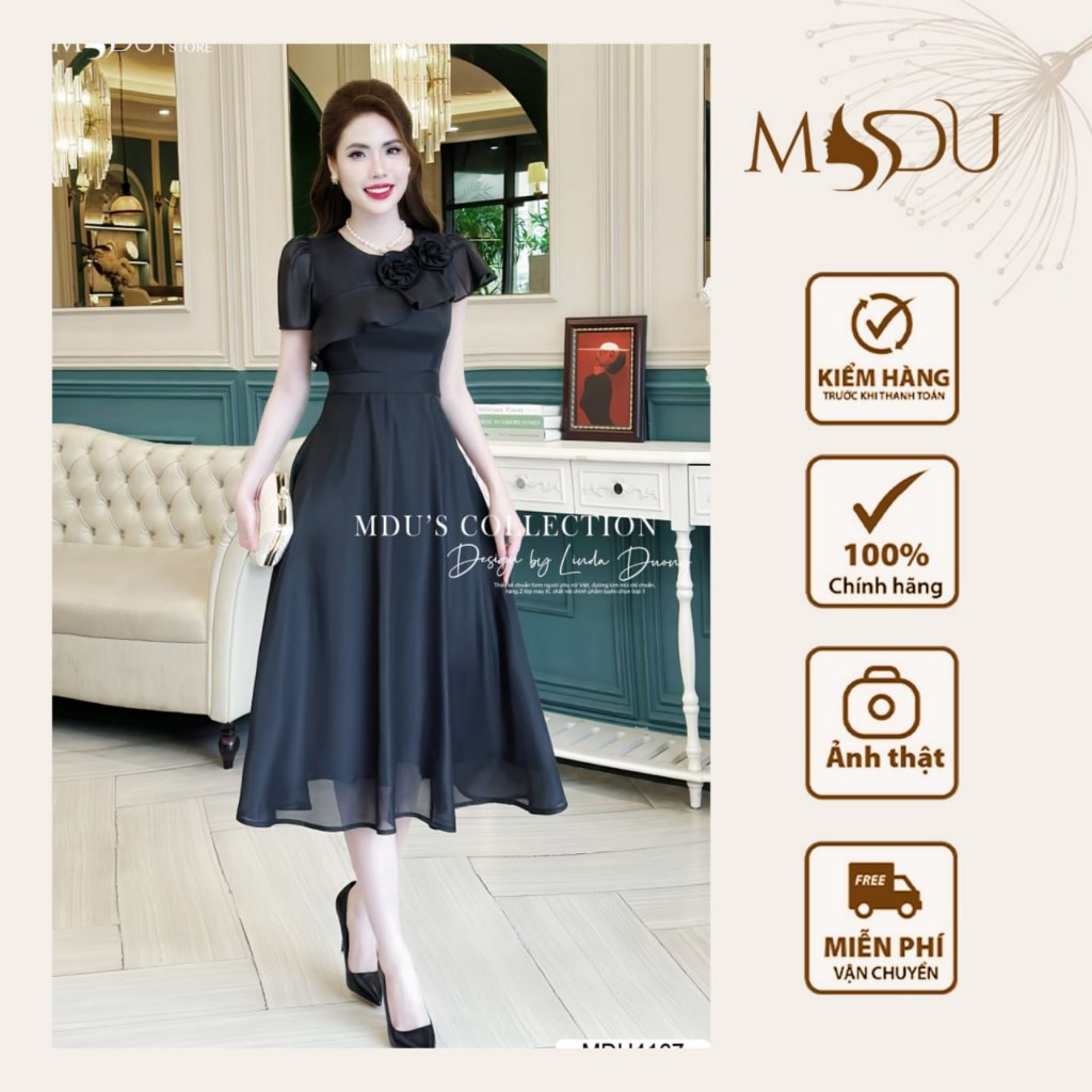 ออกแบบชุด MDU4167 ทรงบานพร้อมรายละเอียดดอกไม้ใกล้คอและ Ruffles จาก MDU K32-D3-2
