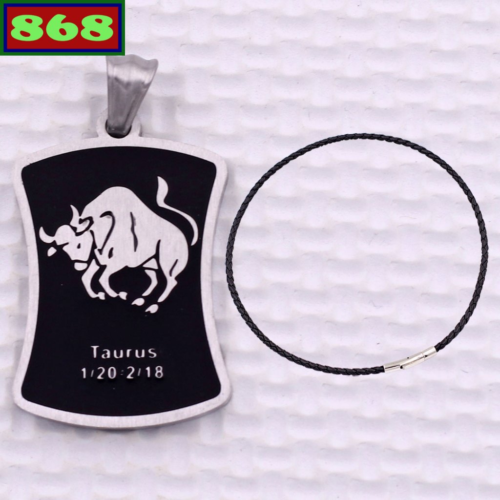 จี้ TAURUS สแตนเลสสีขาวพร้อมสร้อยคอหนังสีดํา + ตะขอสแตนเลส - ป้ายราศี