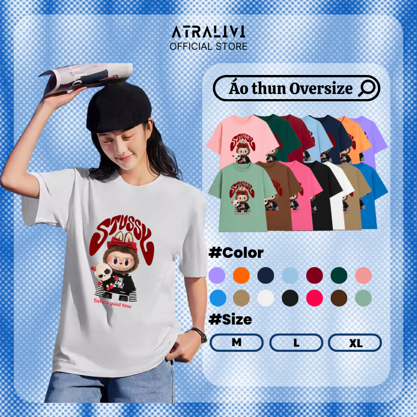 เสื้อยืดผู้ชายและผู้หญิง Stussy Labubu ฟอร์มปกติ ผ้าคอตตอนโอเวอร์ไซส์ 250gsm อ่อนเยาว์ ATRALIVI-OSVS