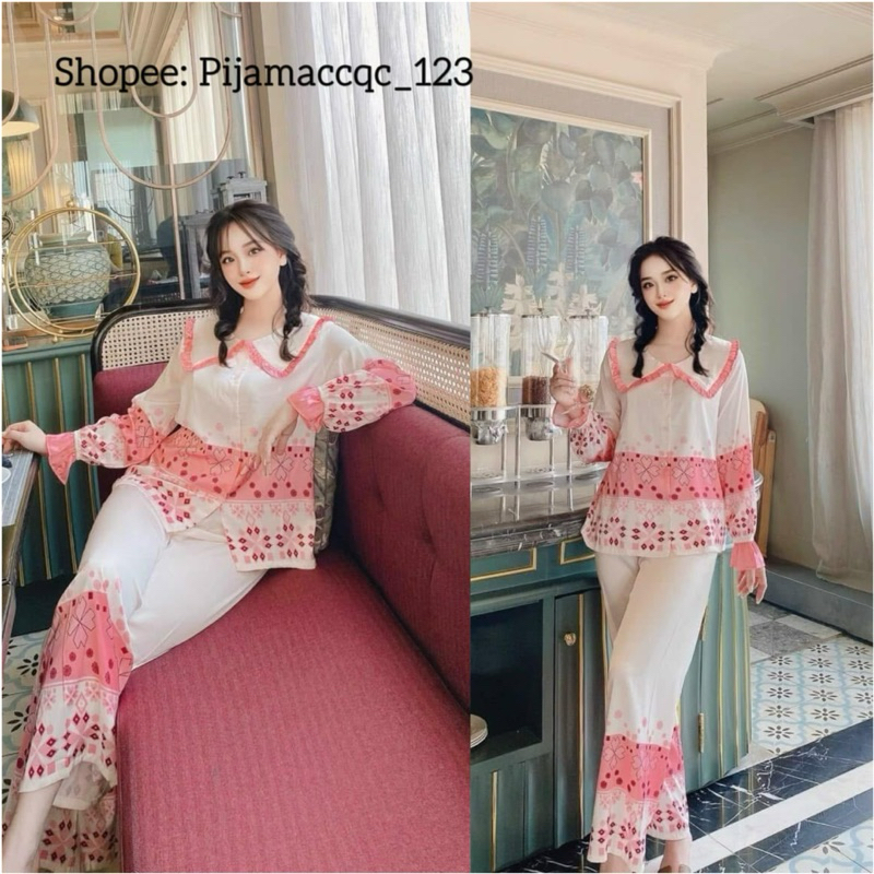 ️SHIP NOW 247 ️ชุดนอนแขนยาวลายสีชมพูหรูหรา คอปกใหญ่_CLC_ผ้าไหมคราบคุณภาพสูง qc A387.