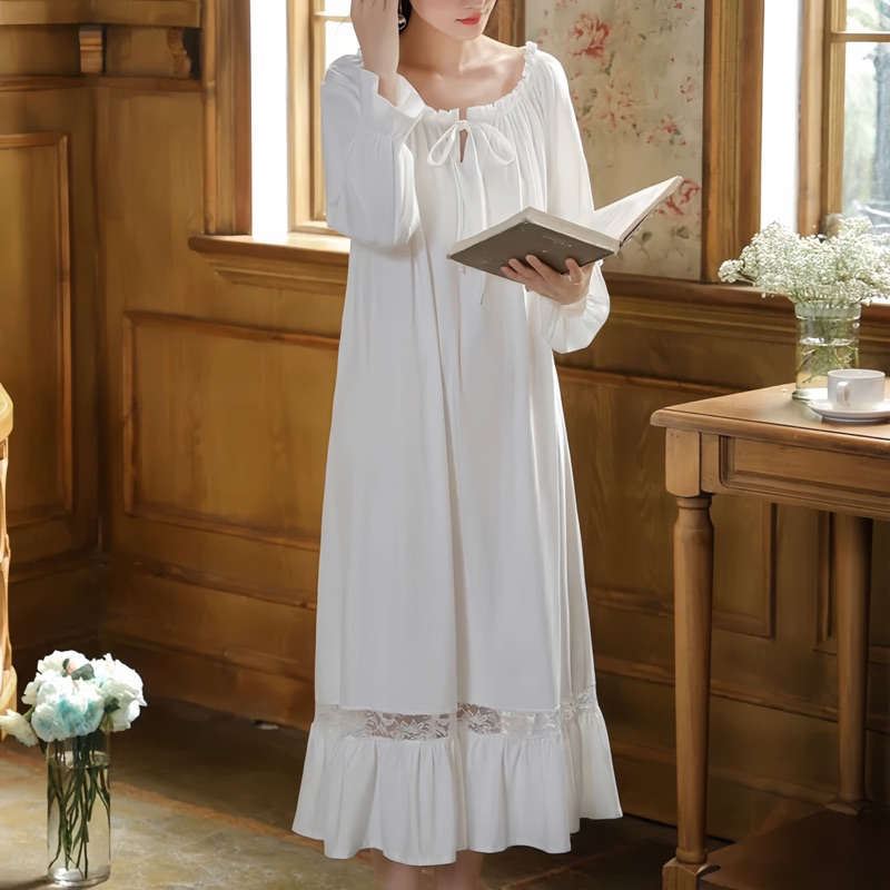 ชุดนอนผ้าไหมละตินลูกไม้ยาว VD18