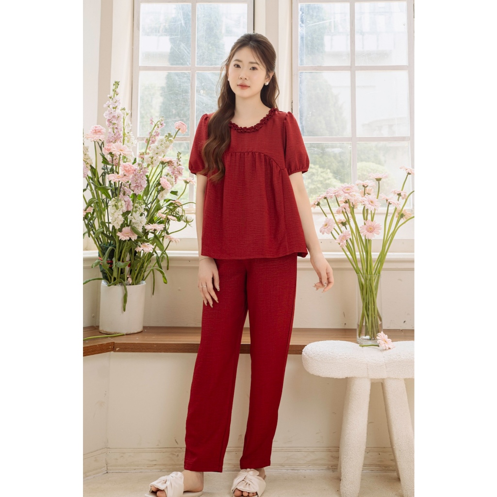 BAE MALI - SP790 เดรสบ้านแขนกุดสีแดงคอปกระบาย