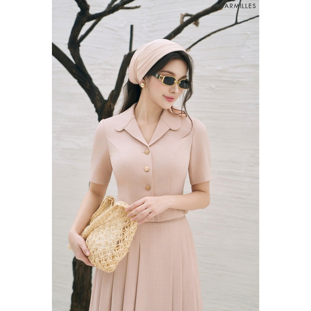 Set เสื้อครอปคอปกเปิด-กระโปรงจับจีบ 25MA053.2HN - 25MC032.1HN