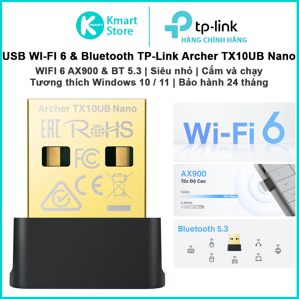 USB WIFI 6 AX900 & Bluetooth 5.3 TP-Link Archer TX10UB Nano | กะทัดรัด | หน้าต่าง 10/11 ที่เข้ากันได