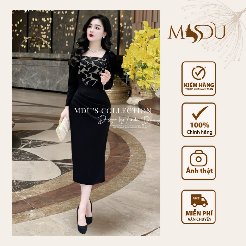 ชุดเดรสสํานักงาน MDU3798 ดีไซน์คอเหลี่ยม หมวกลูกไม้เชื่อม Mango เกรดจาก MDU K47-D1-2