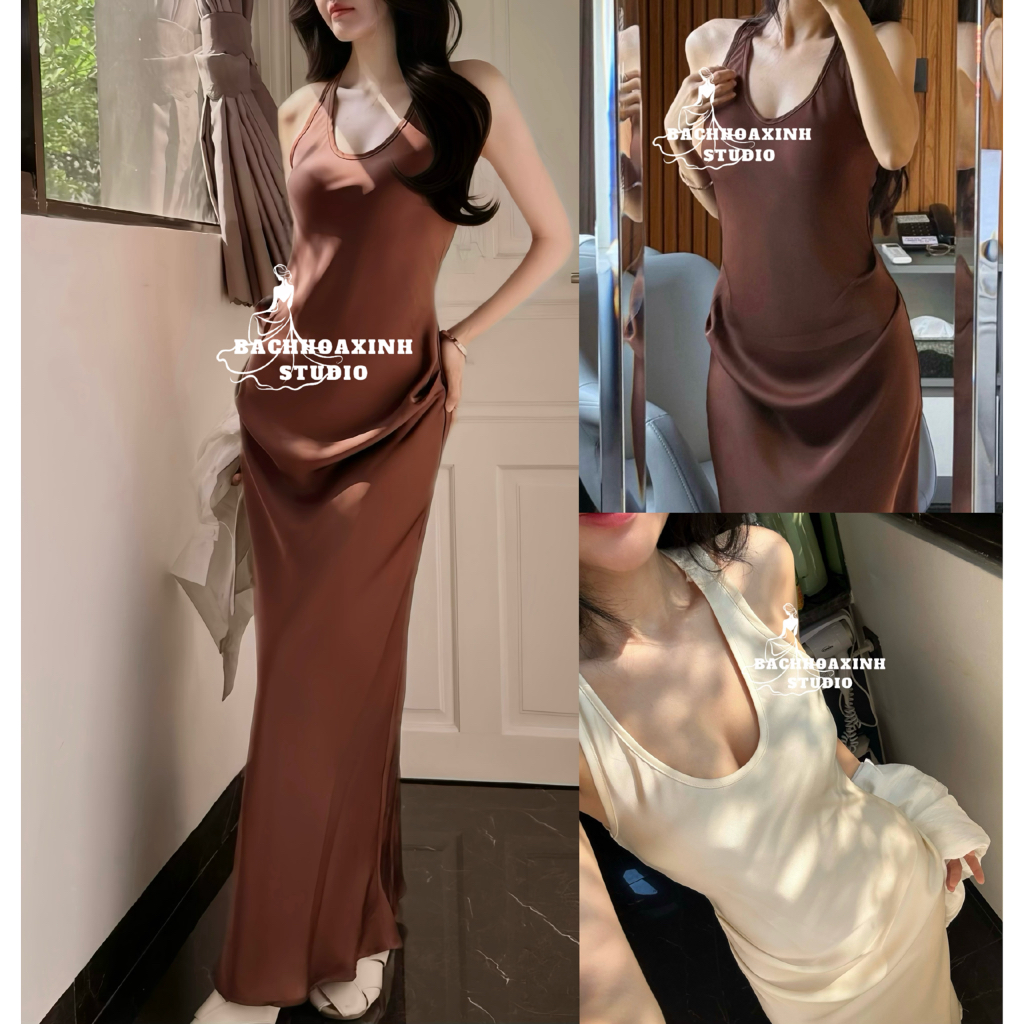 เดรสยาวแขนกุดผ้าไหมเอวจีบอ่อนเข้ารูปสุดหรู