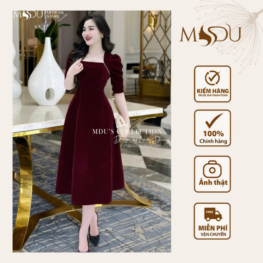 Lady Dress MDU3733 กระโปรงบานเล็กน้อย ดีไซน์คอเหลี่ยมพร้อมกํามะหยี่เนื้อนุ่มจาก MDU K48-D2-5