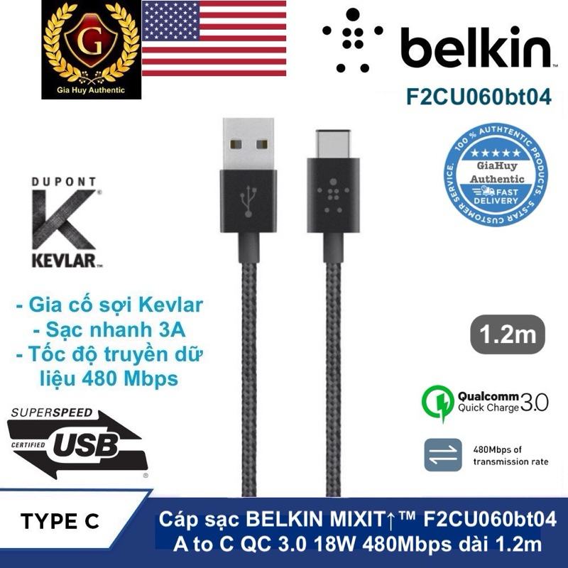 {กล่องเดิมเล็กน้อย} BELKIN MIXIT PTM F2CU060bt04 USB-A to USB-C 18W QC 3.0 สายชาร์จเร็ว ยาว 1.2m