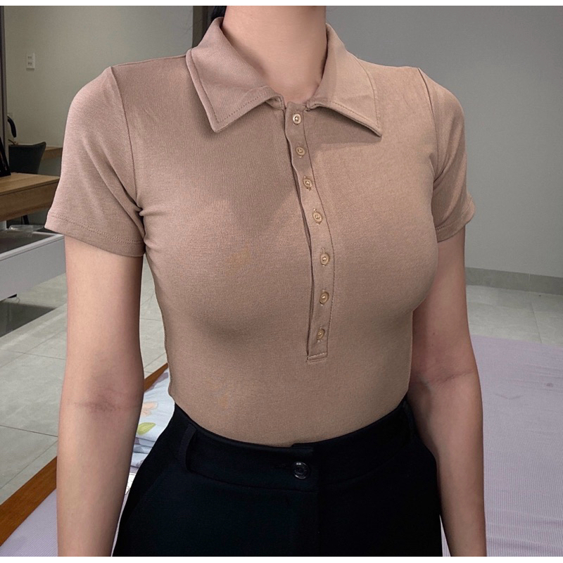 ก08- เสื้อยืดผู้หญิงคอปกติดกระดุมแขนสั้นเข้ารูปผ้าคอตตอนนิ่ม