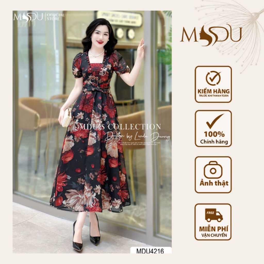 ออกแบบชุด MDU4216 สีแดงสดเรียบง่ายรอบคอน้ําหนักเบา Flare Dress จาก MDU K33-D1-2