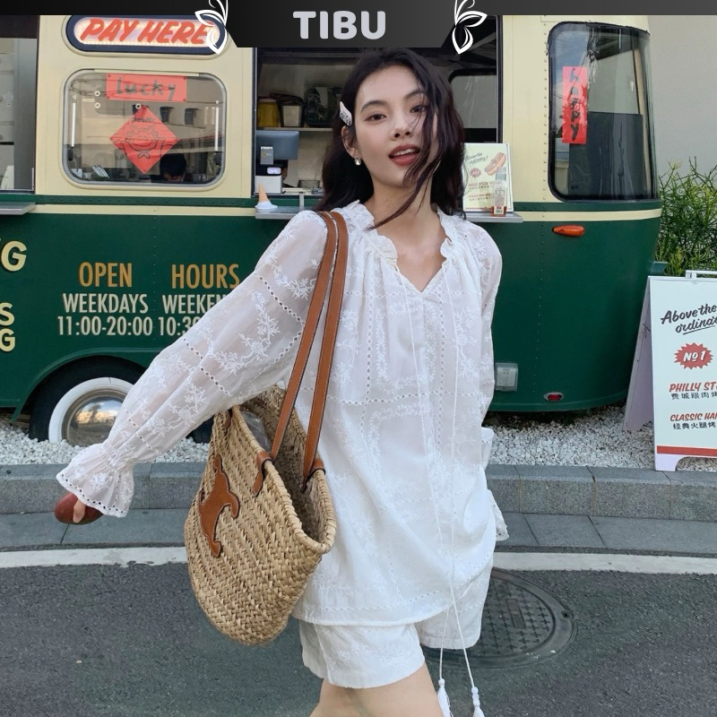 BabyBoll พัฟแขนดอกไม้ปักเสื้อชุด TIBU Sort กางเกงชุดผู้หญิงน่ารักชุดชายหาด B420