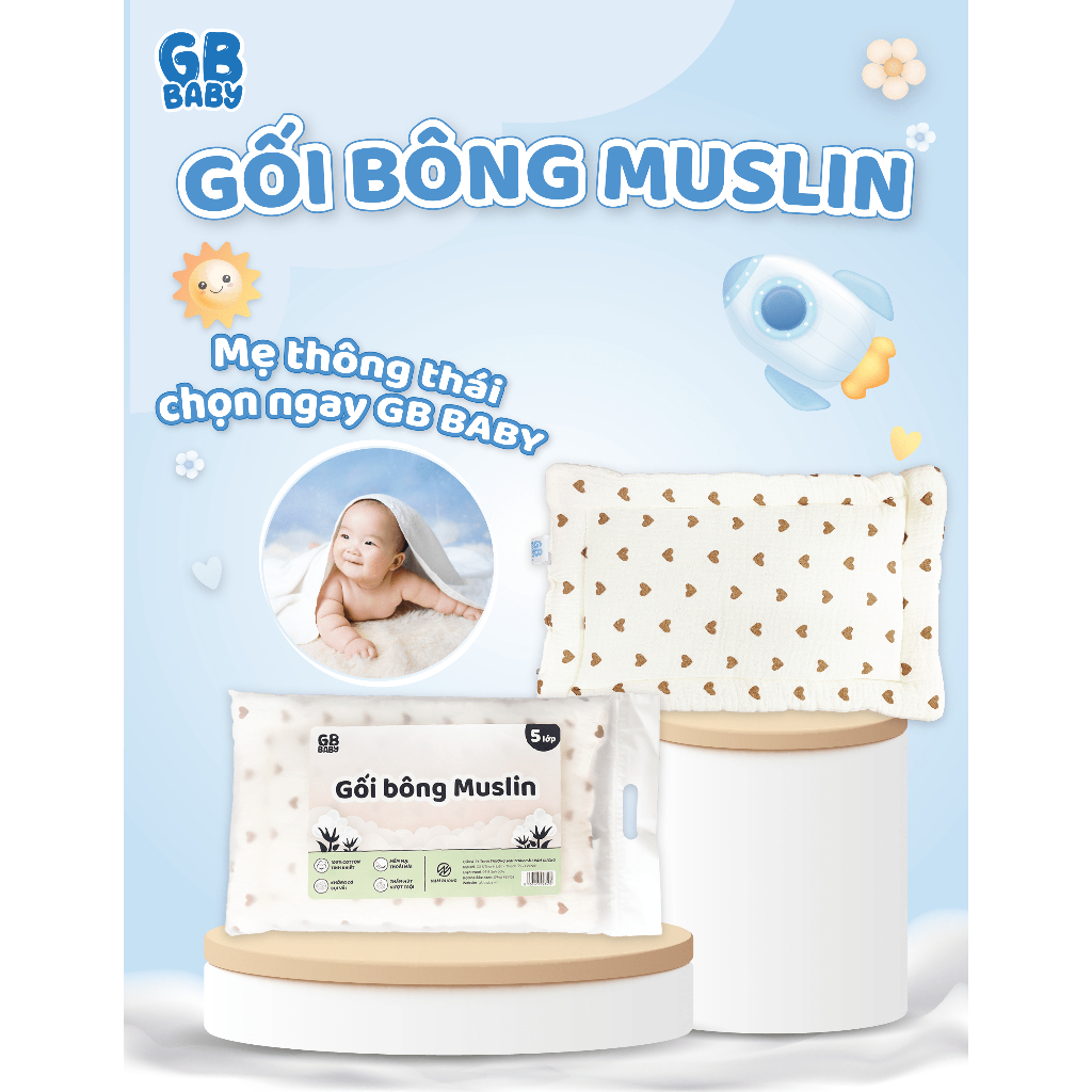 [MUSLIN 5 LAYERS] GB BABY Premium Pillow - Zero Lint - Shapes Infants Head