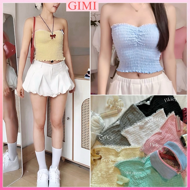 [6 สี] BREAST CUP CROPTOP WITH LACE BEACH YELLOW/WHITE/BLACK/BLUE/RED/PINK GIMI (รวมภาพถ่ายจริง)