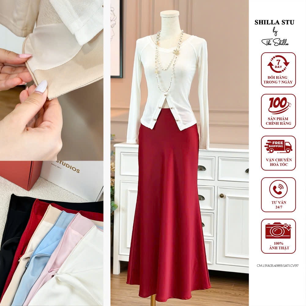 กระโปรงดีไซน์เนอร์ผ้าไหมระดับไฮเอนด์หรูหรา [รูปถ่ายจริง] The Shilla-CM.L91A35.49B9.SATI.CV97