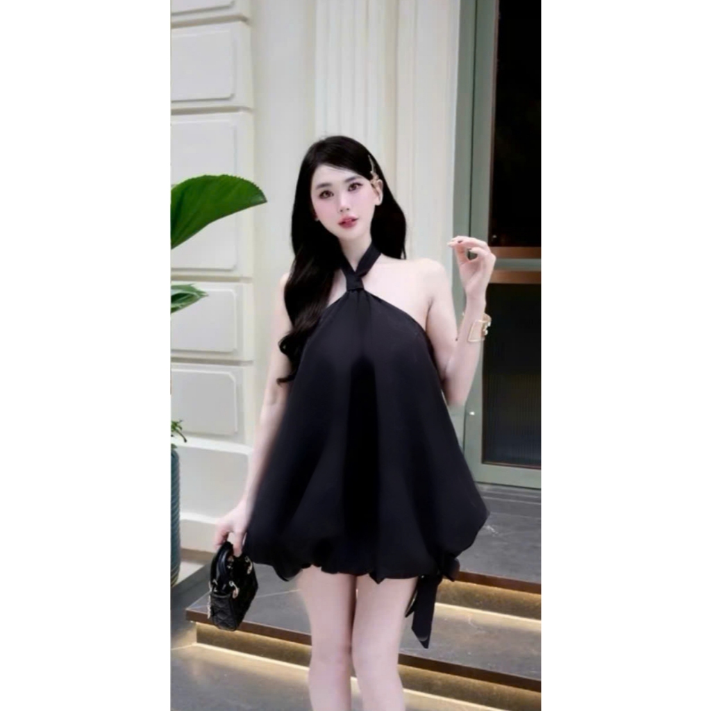 เดรสคล้องคอผ้าเรียบพองผูกโบว์ที่เอวพร้อมกางเกงกันถอดออกได้ - รูปที่ 2