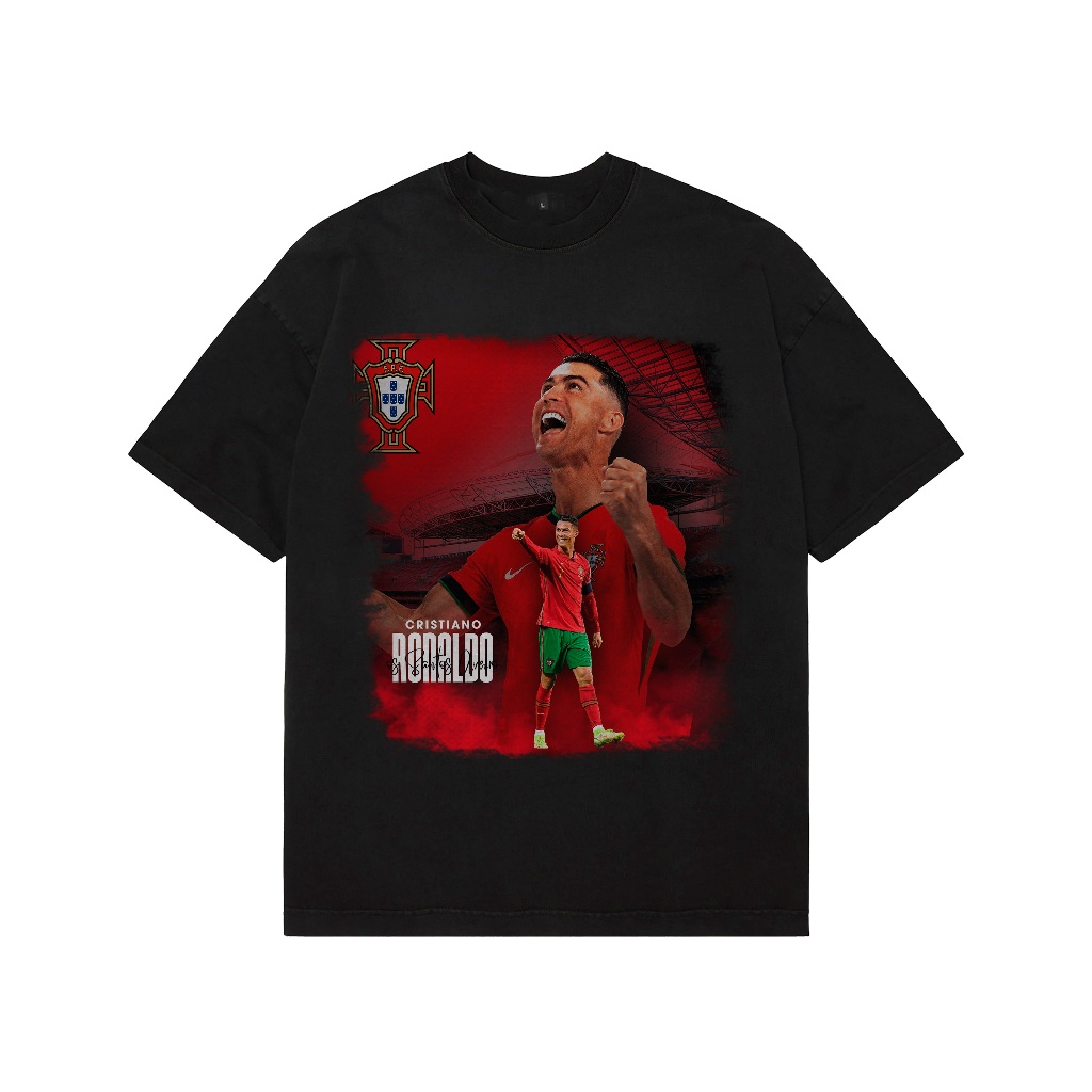 เสื้อยืด Unisex สีดํา Ronaldo สําหรับผู้ชายและผู้หญิง รูปแบบหลวม Cristiano Ronaldo_THS09012548