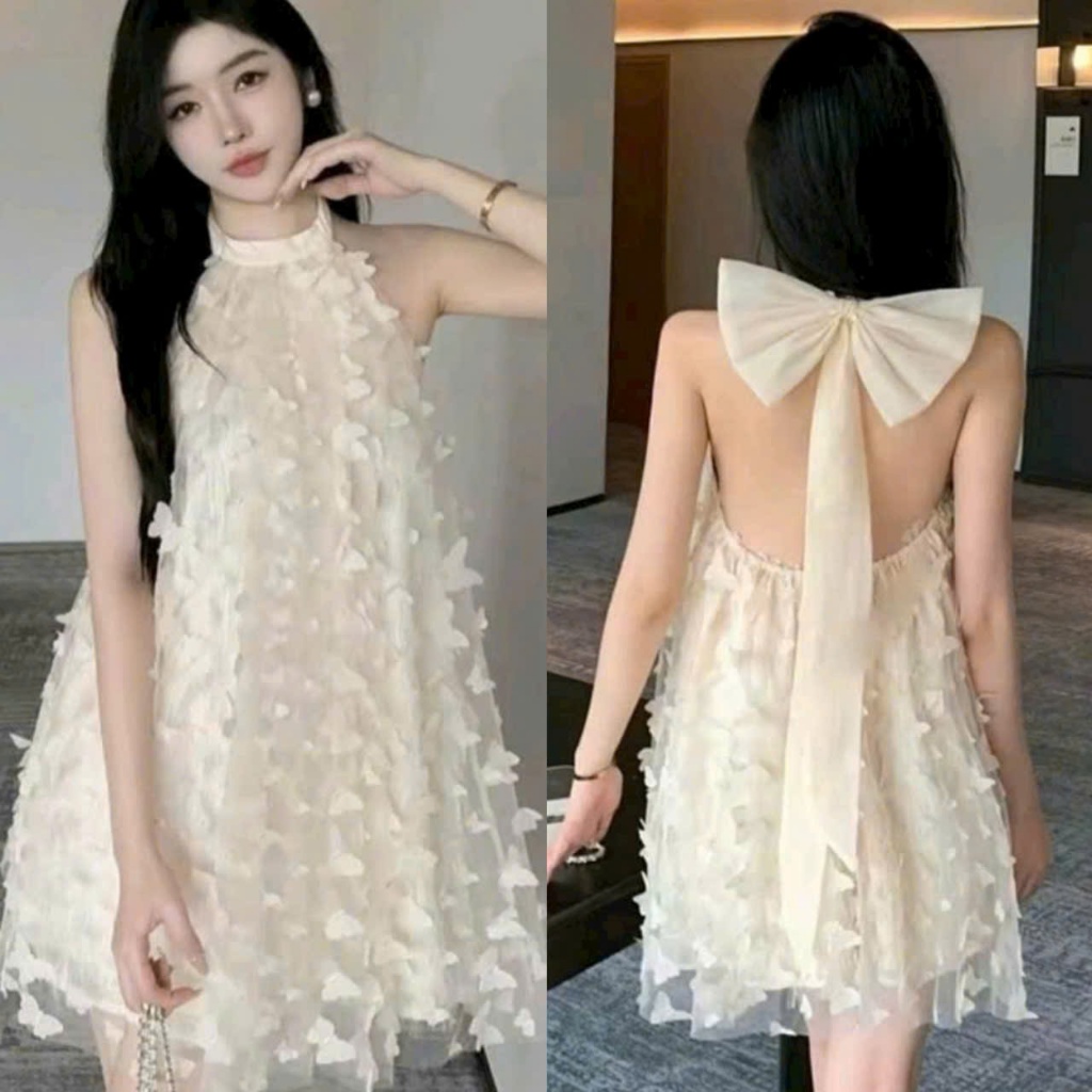 ชุดเดรสผู้หญิงคล้องคอผ้าตาข่ายผีเสื้อเปลือยหลังกระโปรงบาน2ชั้นสําหรับผู้หญิงไปปาร์ตี้ไปเที่ยวทะเล