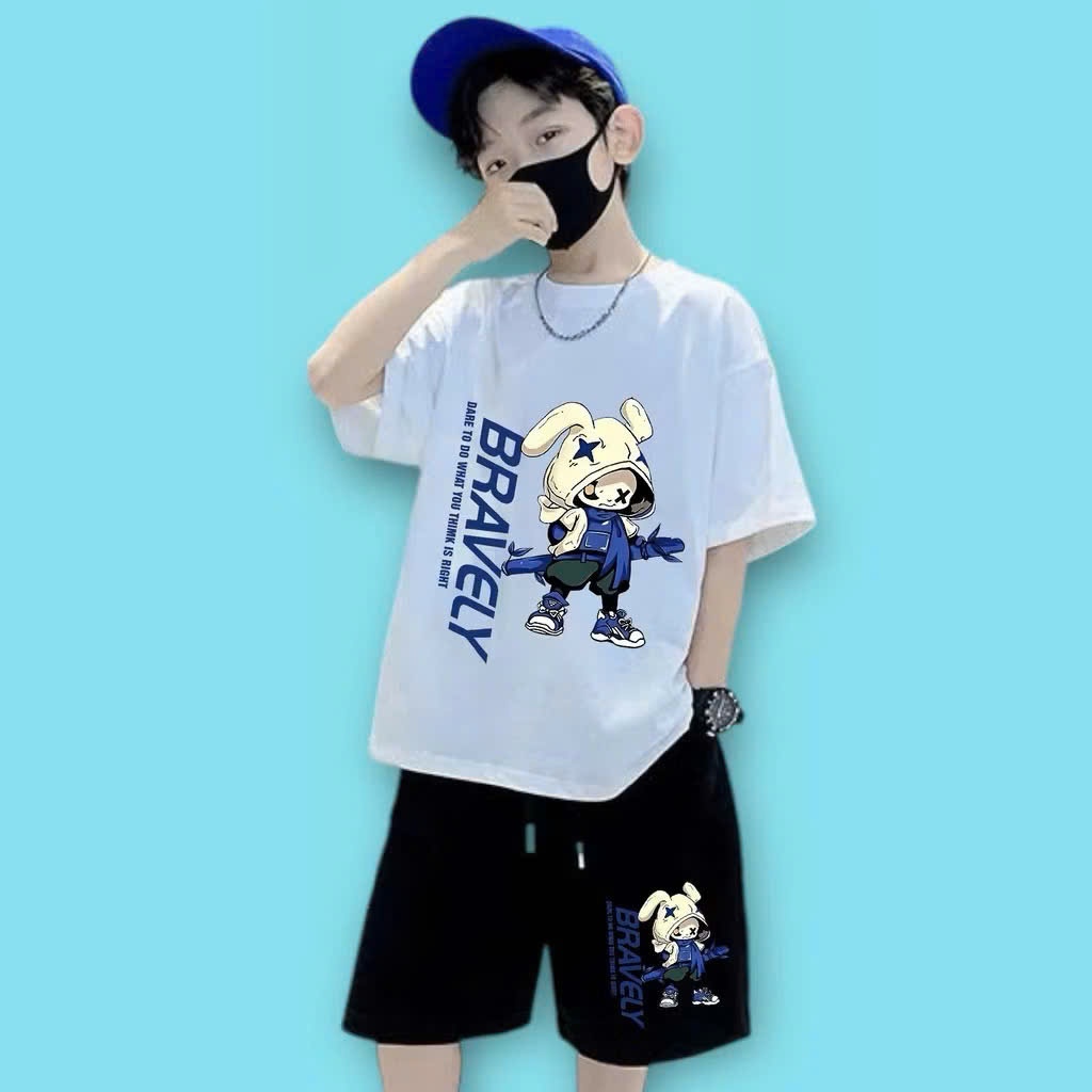 Chan Chan Chan 4-Way Cool Cotton Short Sleeve Set with Fashion VELY RABBIT Print for Children from 1