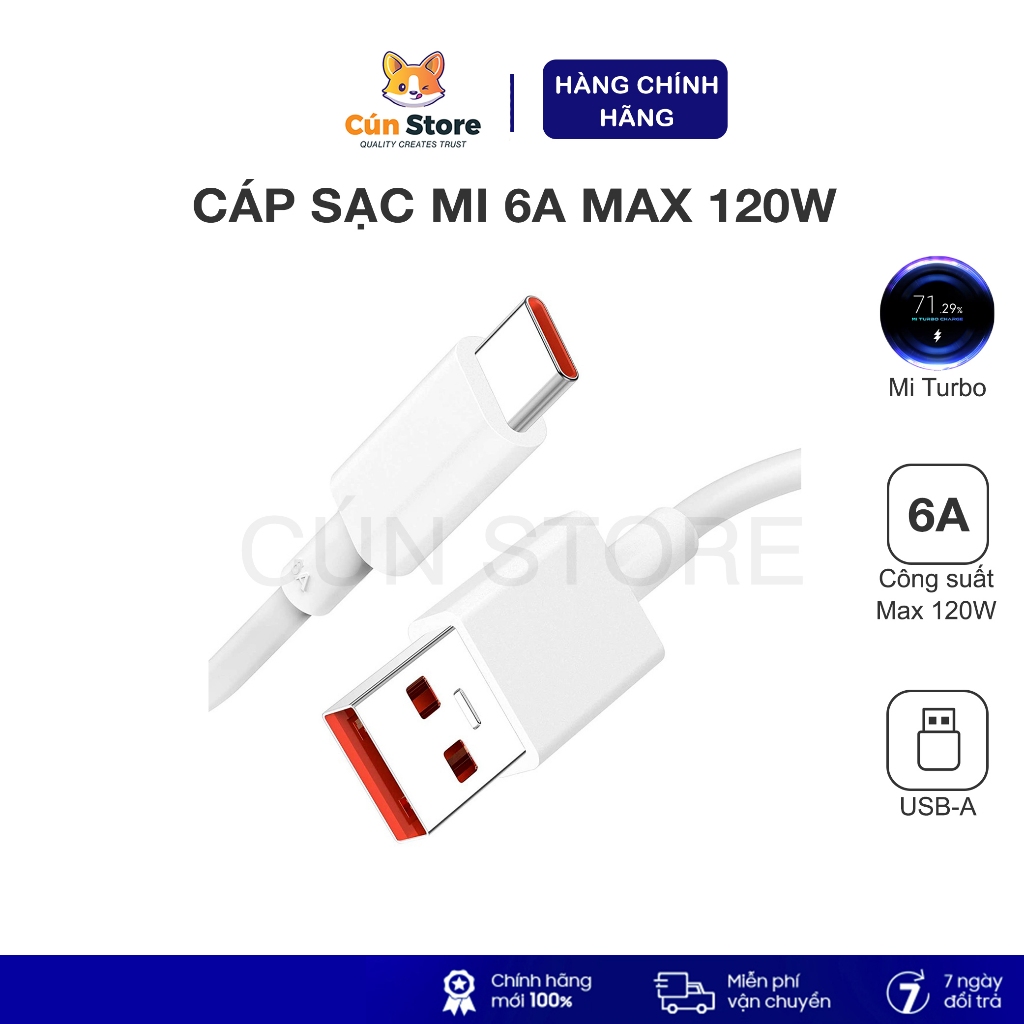 สายชาร์จเร็ว Mi 6A รองรับการชาร์จ Mi Turbo สําหรับหลอดไฟ 55W, 67W, 90W, 120W | 6เดือน