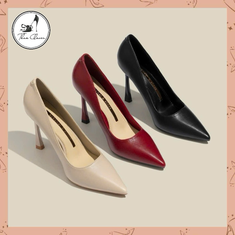 (FORM 1.5) รองเท้าส้นสูงหัวแหลมส้นบานหนังด้านนุ่ม-9CM-THAO CLOVER-988A