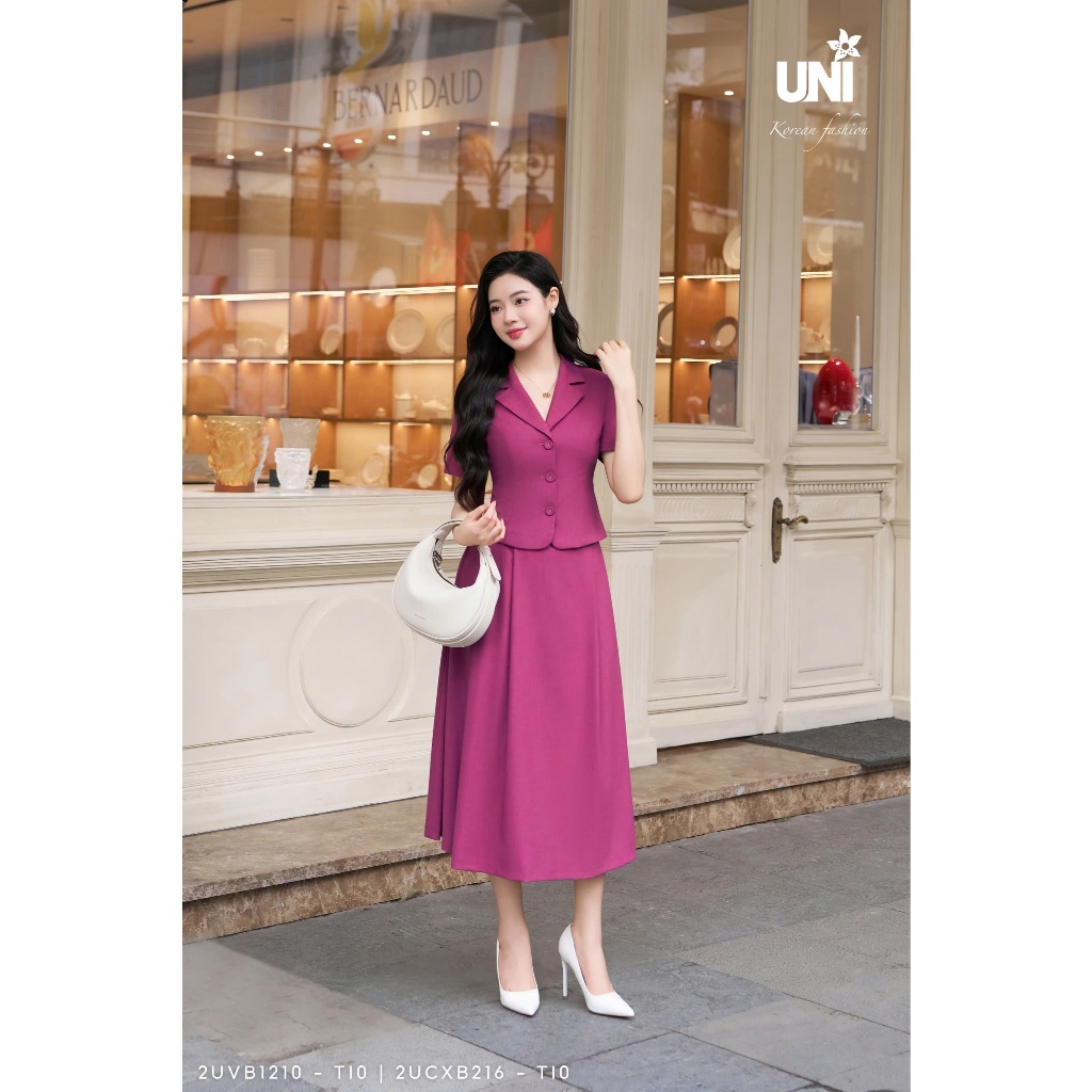 UNIVTH เสื้อกั๊กสตรีคอปกและชุดกระโปรงบานโครเชต์หรูหราสํานักงานแขนสั้น 2UVB1210 - 2UCXB216 - TI0