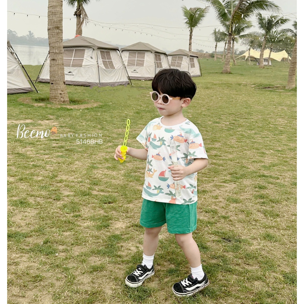 Beemo sleeveless Set พิมพ์ลายทะเล ผ้าคอตตอนเท่ๆ สําหรับเด็กผู้ชาย ตั้งแต่ 9-24kg 5146BHB