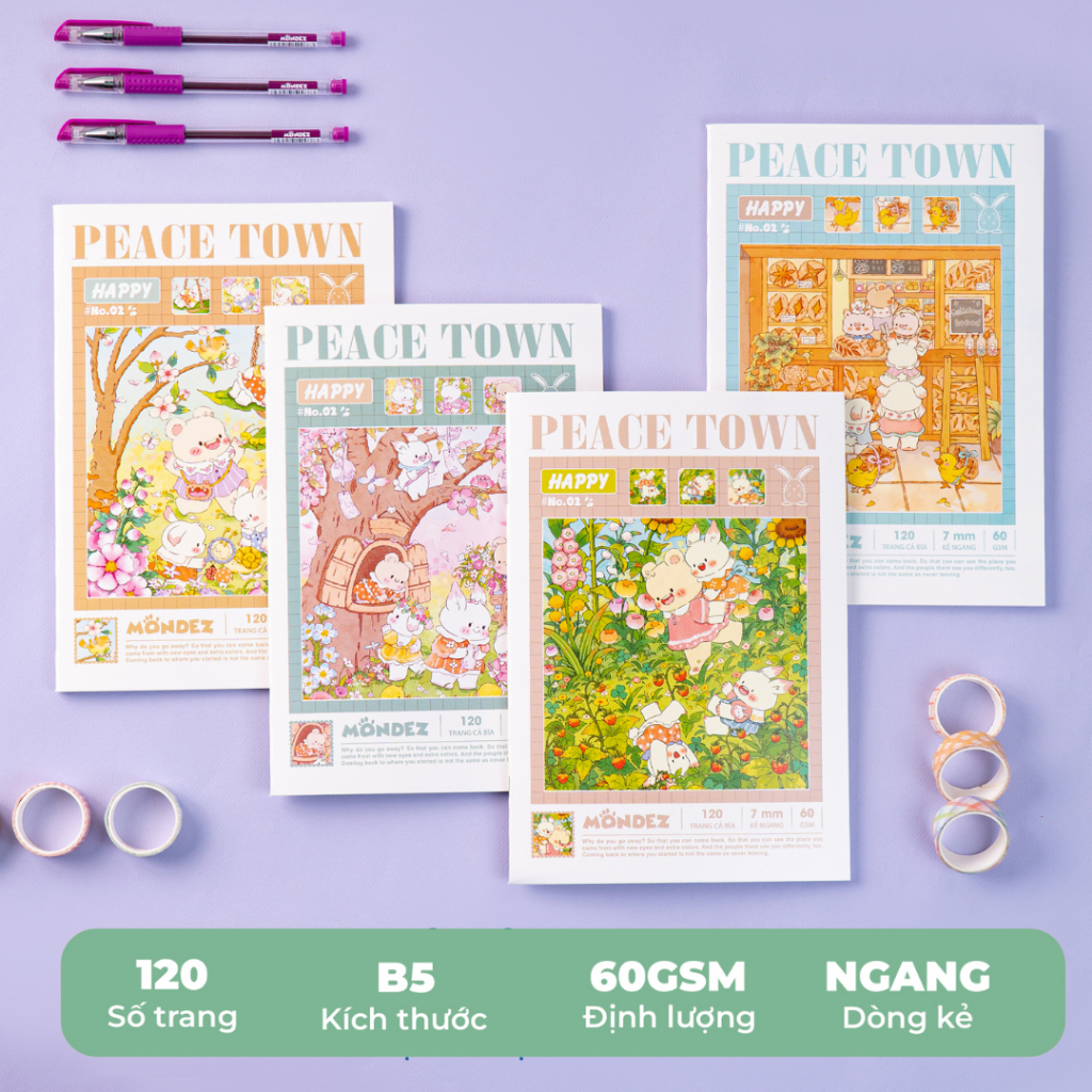 สมุดบันทึกแนวนอน 80/ 120 หน้า, MONDEZ Peace Town ระดับ 2 สมุดบันทึกแนวนอนจํานวน 60gsm V001/V002