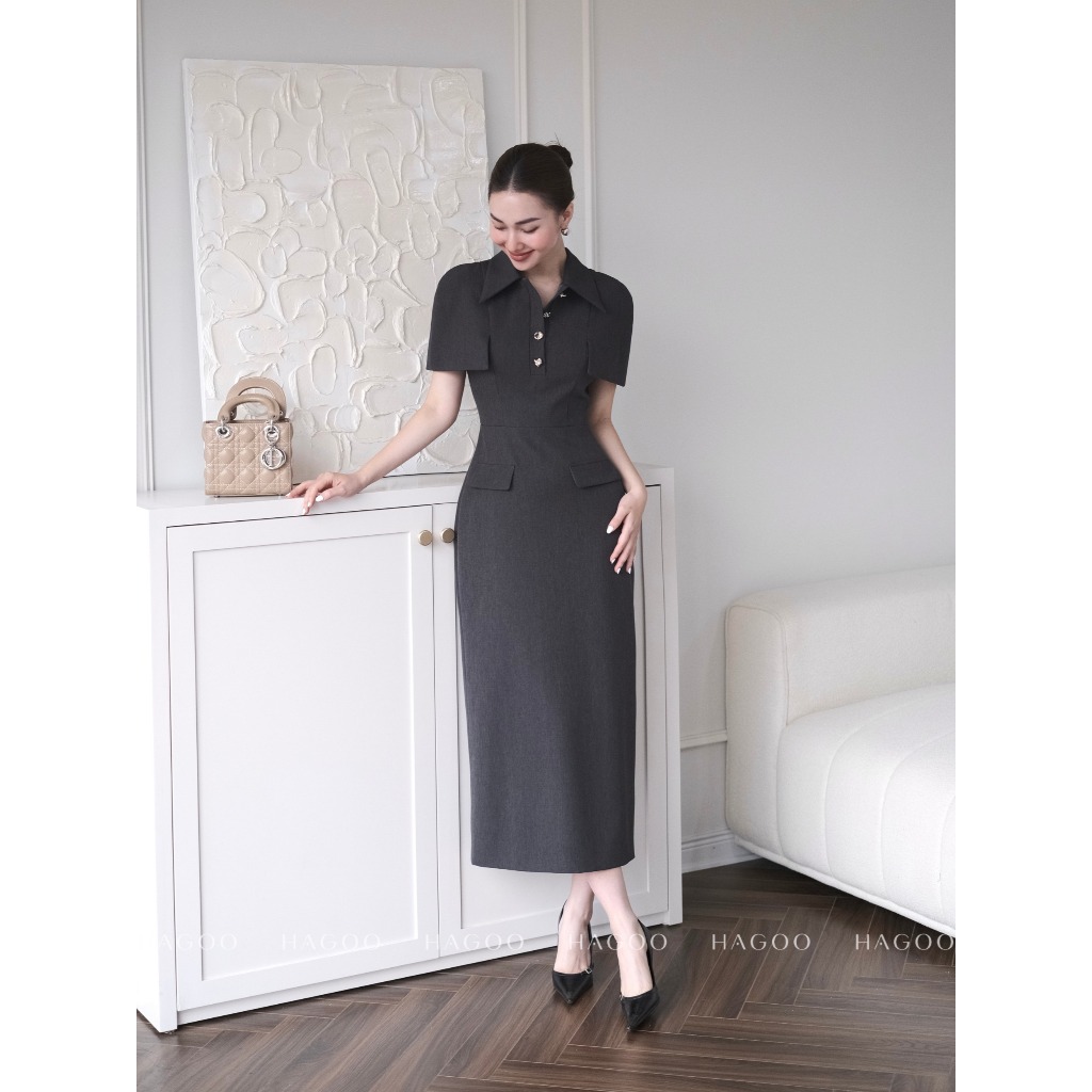 HAGOO เดรสปาดไหล่กระดุมทองแดง Size S [V557]