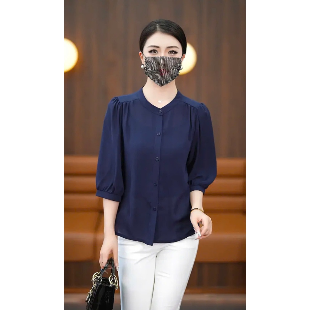 เสื้อเชิ้ตผู้หญิงคอปกแขนหลวมดีไซน์หรูหราและสง่างามเสื้อเชิ้ตสํานักงานผู้หญิง