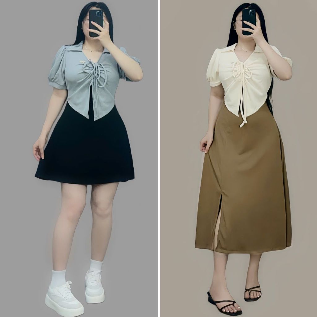 ชุดเดรสผู้หญิงไซส์ใหญ่พร้อมเสื้อยืดจั๊มแยก 2 ชั้นและกระโปรงสายเดี่ยวสั้นและยาวเข้ารูปยืด - ก684G685- PAIR ของ RIBBED