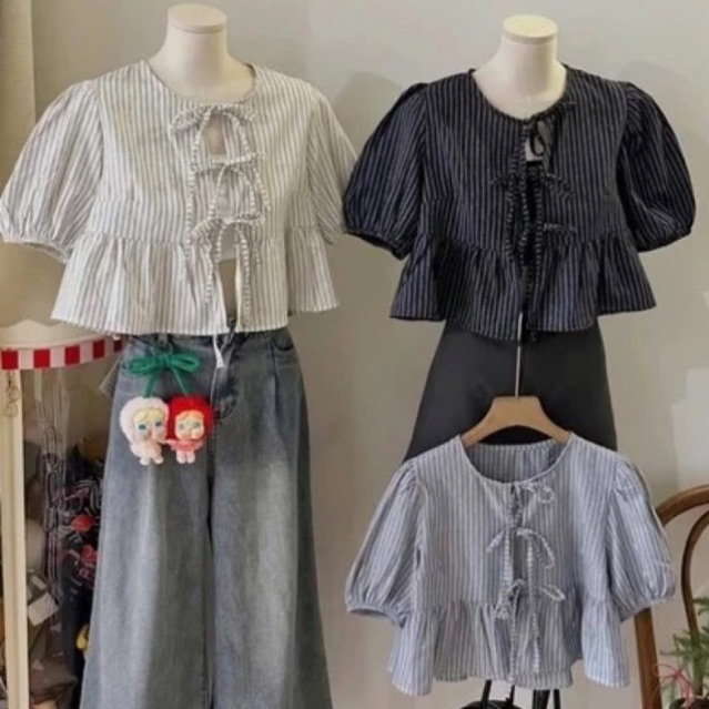 เจนนี่ผูกโบว์ babydoll shirt_เสื้อผูกโบว์ลายสก๊อตน่ารัก babydoll เสื้อเชิ้ตแขนพัฟผู้หญิงพร้อมเสื้อ 2 ชิ้น M6739