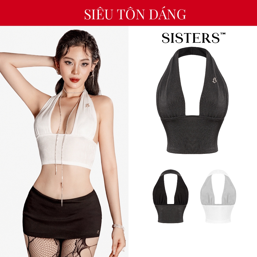 น้องสาว เสื้อครอปคล้องคอเว้าหลังเว้าอกลึกเนื้อกํามะหยี่เซ็กซี่สีขาวดํา คาลิสต้า โลโก้สแตนเลส | SS-T5