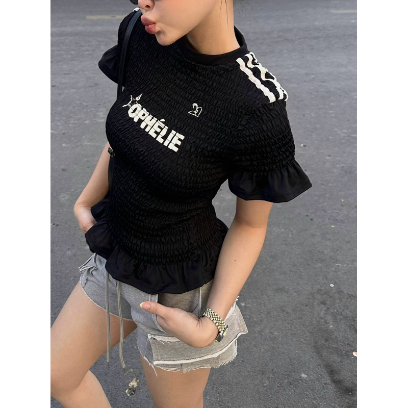 เสื้อครอปสม็อคของผู้หญิง เสื้อยืดขาดละเอียด - OPHELIE DIP SHIRT