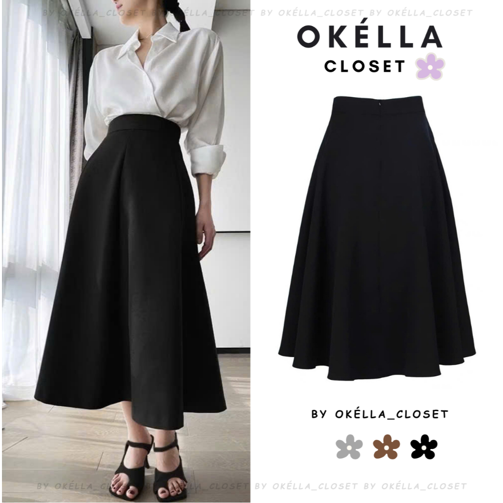 [75cm-85cm] กระโปรงยาวเบสิคสําหรับผู้หญิงทรงบาน กระโปรง Midi สําหรับออฟฟิศและออกนอกบ้าน Okélla M9975 (ผ้าหนา มีกระเป๋า 2 ข้าง)