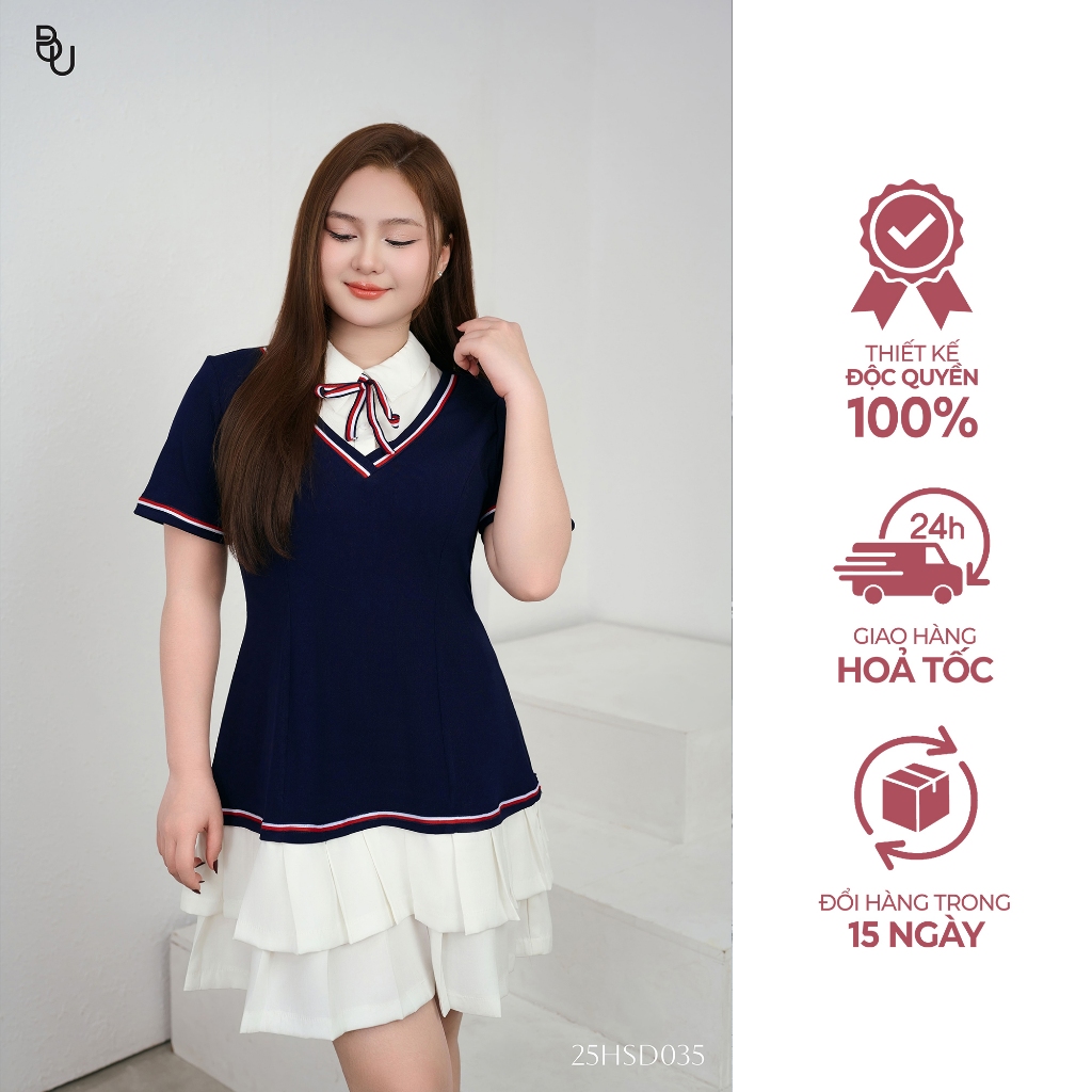 เดรสยางยืดคอปกเชิ้ตสีขาวผูกโบว์ BIGSIZE – 25HSD035 - [BUstu Bigsize]