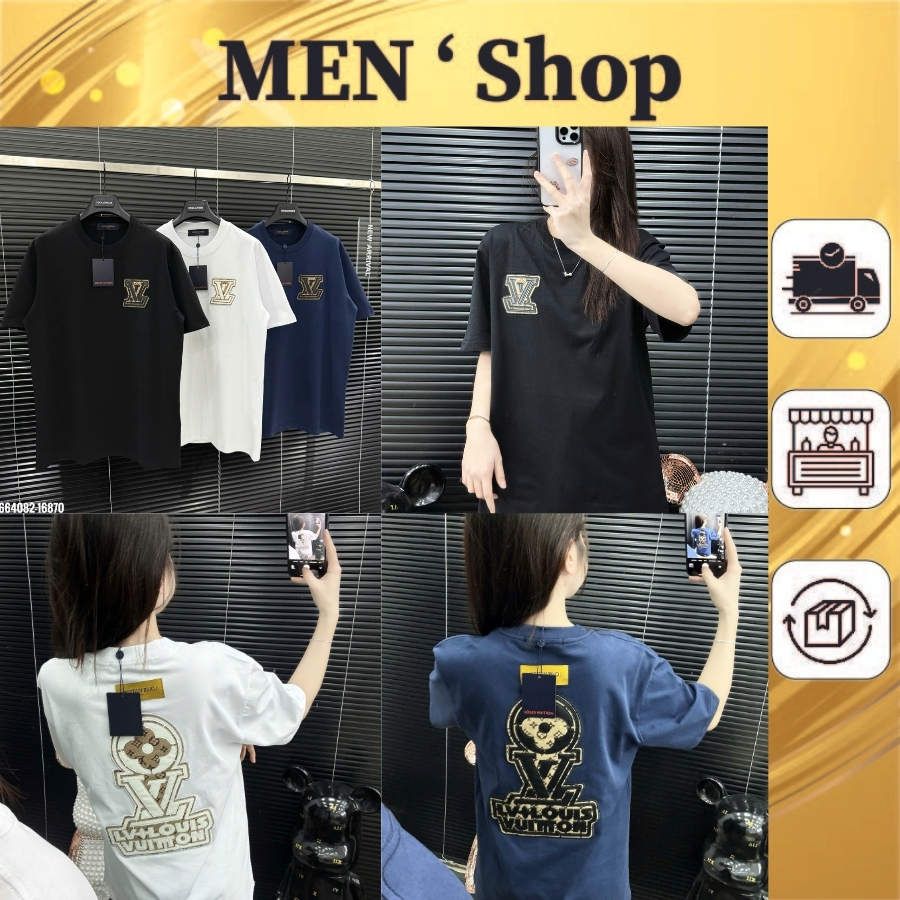 LV เลเวล เสื้อยืดผู้ชายและผู้หญิงปักลายโลโก้ที่โดดเด่นด้านหลัง - เสื้อยืดผ้าฝ้ายผู้ชายและผู้หญิง