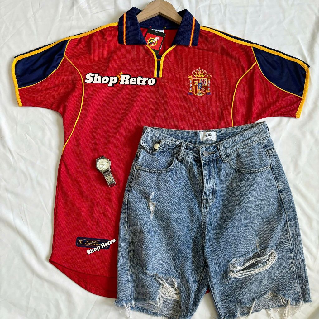 RETRO_TBN 1999 เสื้อสีแดงย้อนยุคสเปน 1999 ผ้าฝ้ายโพลีเอสเตอร์ Retro เสื้อ