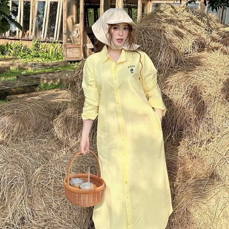 เดรสปกเปิดลงทรงหลวม - เดรสเชิ้ตแขนยาวสีพื้นเนื้อหยาบนุ่มลายหมีเรียบง่ายแฟชั่นทรงหลวม - รูปที่ 6