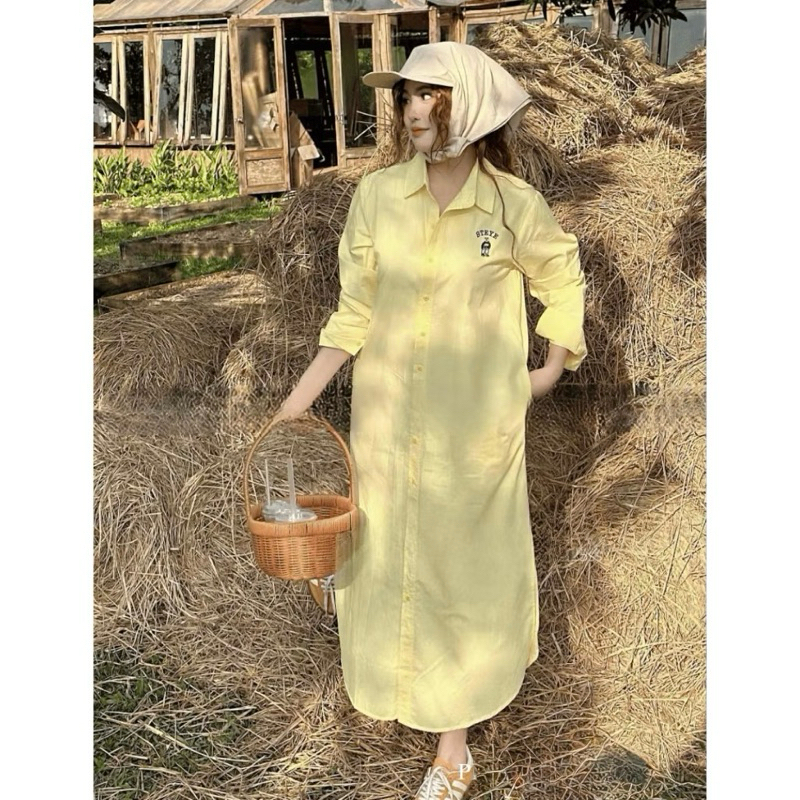 เดรสปกเปิดลงทรงหลวม - เดรสเชิ้ตแขนยาวสีพื้นเนื้อหยาบนุ่มลายหมีเรียบง่ายแฟชั่นทรงหลวม - รูปที่ 5