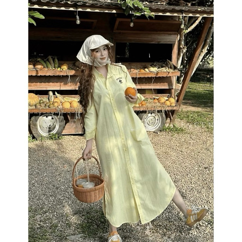 เดรสปกเปิดลงทรงหลวม - เดรสเชิ้ตแขนยาวสีพื้นเนื้อหยาบนุ่มลายหมีเรียบง่ายแฟชั่นทรงหลวม - รูปที่ 7