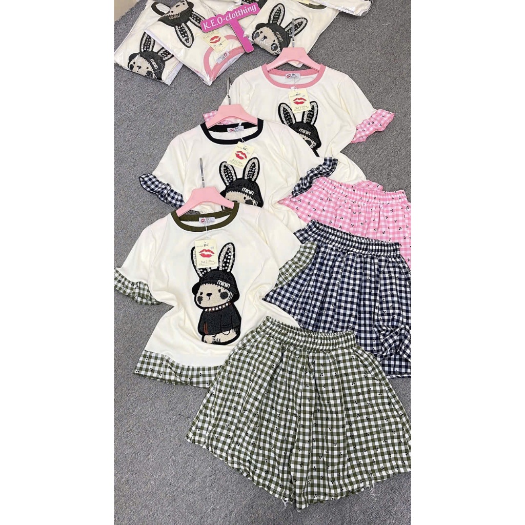 KU-TE CUTE RABBIT EMBROIDERED SHORTS SET FOR HOME WEAR