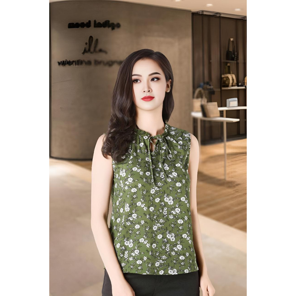 เสื้อแขนกุดผ้าชีฟองมอสลายดอกไม้สีขาวและสีเหลืองพร้อมคอปกหลวมและผูกเชือก ADB1592HREU