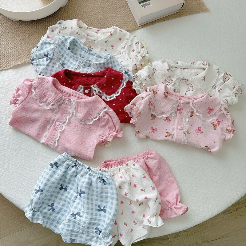 NT177 ชุดนอนผ้าไหมคอปกดอกบัวนุ่มและเย็นแขนพองสําหรับเด็กผู้หญิงมีกระดุมแนวตั้ง